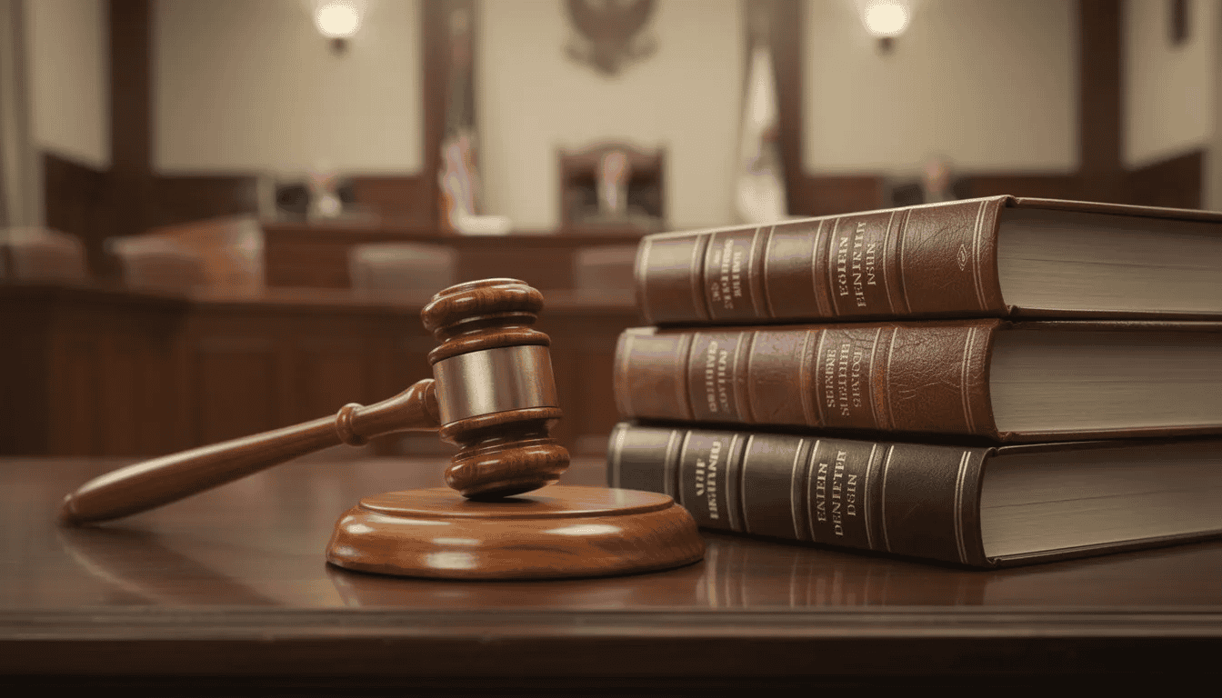 A wooden courtroom desk is adorned with a gavel and several legal books, symbolizing the importance of criminal records and court proceedings. The setting reflects the serious nature of law enforcement agencies and the processes involved in managing criminal history records.