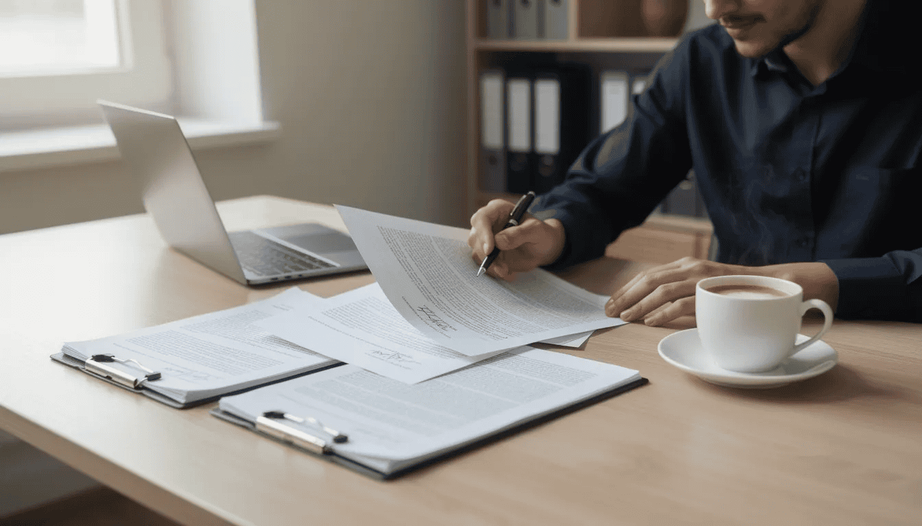 A person is seated at a desk, intently reviewing legal documents related to criminal records, while a steaming cup of coffee sits nearby. The scene conveys a focus on important court records and the complexities of Virginia law, possibly involving prior criminal history or expungement eligibility.