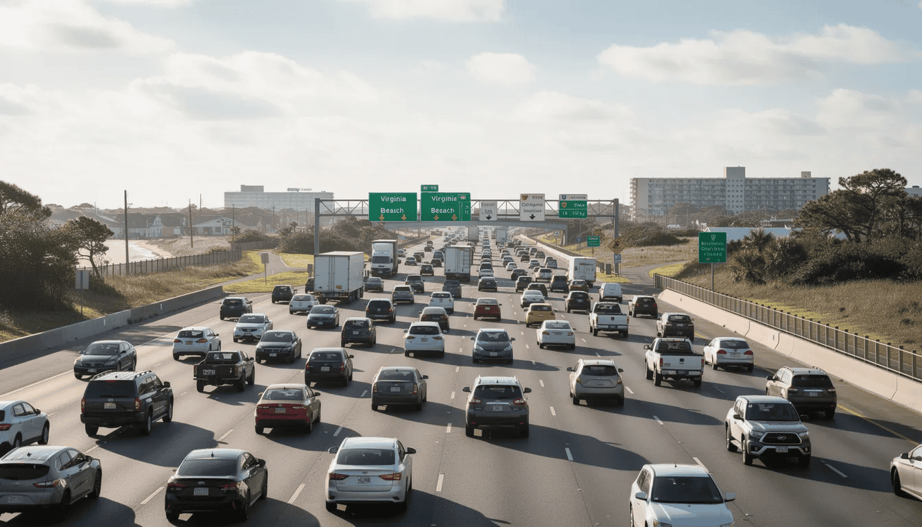 The image depicts a busy Virginia Beach highway filled with multiple lanes of vehicles during the day, showcasing the hustle and bustle of daily traffic. This scene is reminiscent of the potential risks associated with car accidents, emphasizing the importance of experienced car accident attorneys for those involved in personal injury claims.